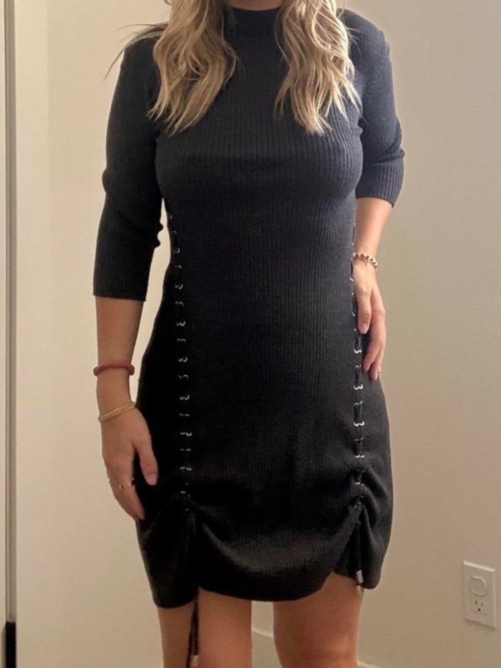 Maje Ribbed Knit Midi Dress Grey Acrylic Lace Eyelet Detail Three Quarter Sleeve